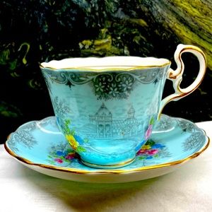Aynsley Queens Garden Demitasse Blue Cup and Saucer Set Vintage